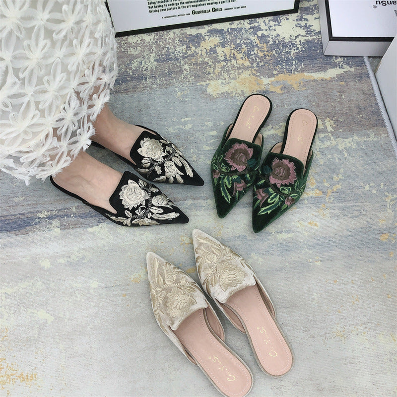 Embroidered Mules Women – Floral Pointed Toe Slip-On Block Heel