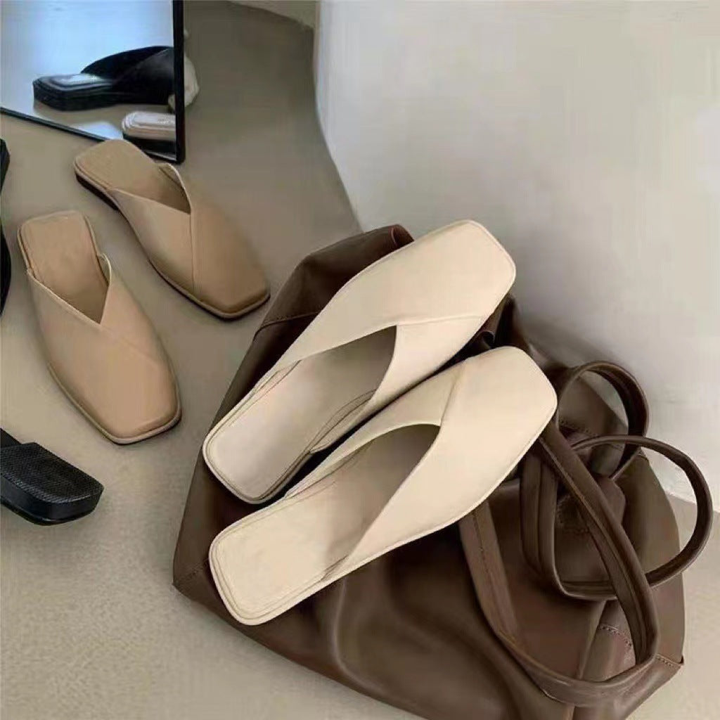 Square Toe Mules Women – Flat Crossover Strap Slip-On