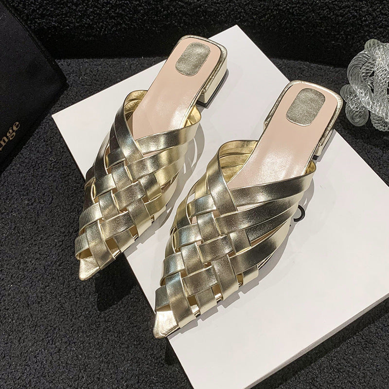 Metallic Mules Women – Woven Straps Block Heel Slip-On