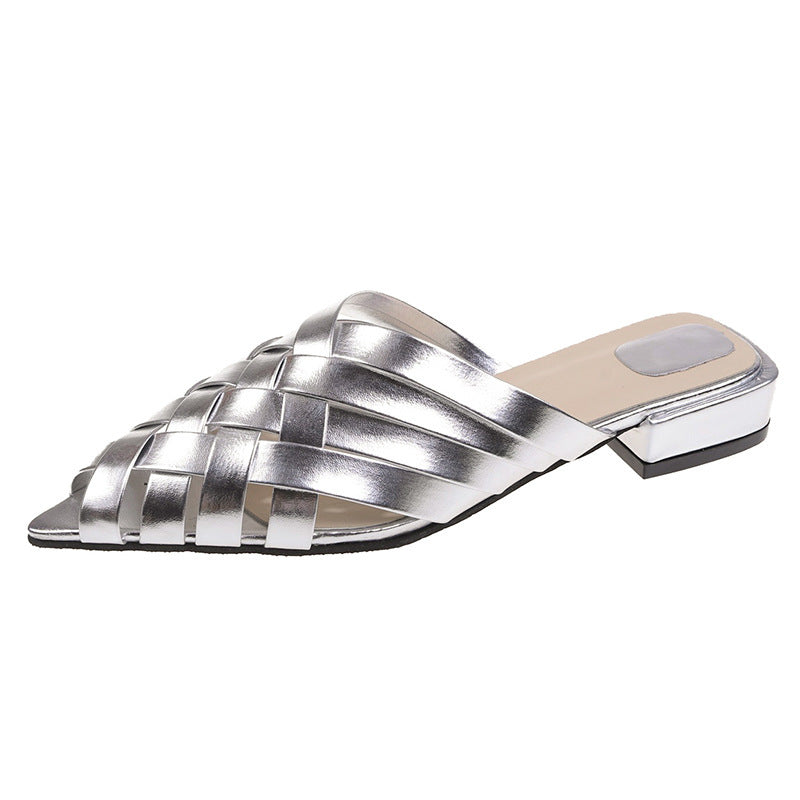 Metallic Mules Women – Woven Straps Block Heel Slip-On