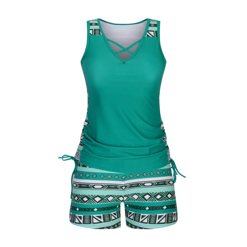 Tankini Sæt Dame 2-Delt – Kryds-Hals Strandbadetøj med Shorts