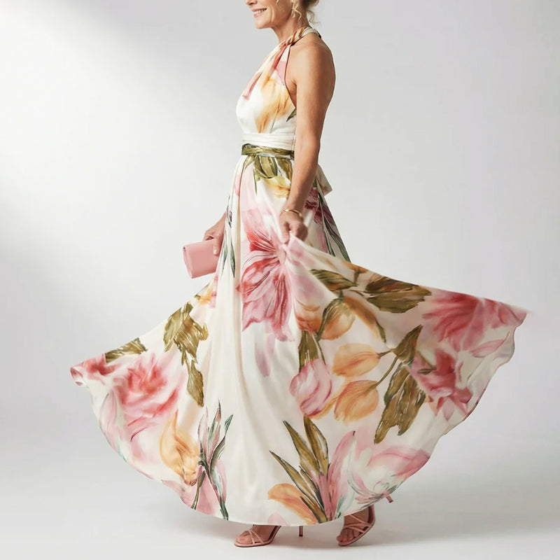 Blomstret Halterneck Maxikjole Dame – Snoet Hals A-facon