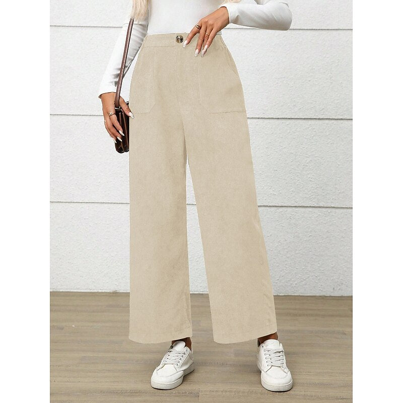 Corduroy Trousers Women – High Waist Wide Leg Trousers with Patch Pockets
