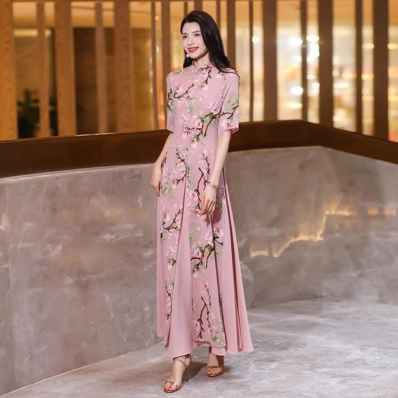 Floral Print Maxi Races Dress Women – Pink