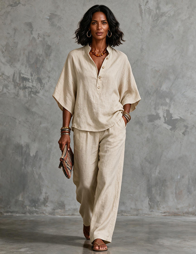 Linen Set Women 2 Piece – Batwing Top & Wide Leg Pants