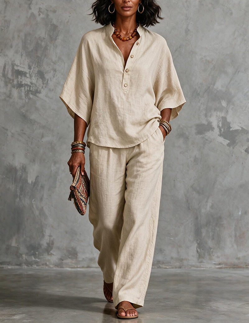 Linen Set Women 2 Piece – Batwing Top & Wide Leg Pants