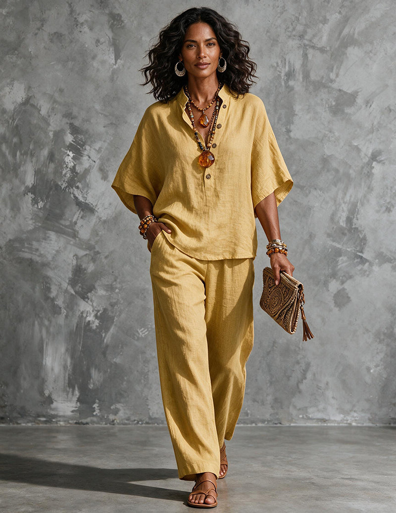 Linen Set Women 2 Piece – Batwing Top & Wide Leg Pants