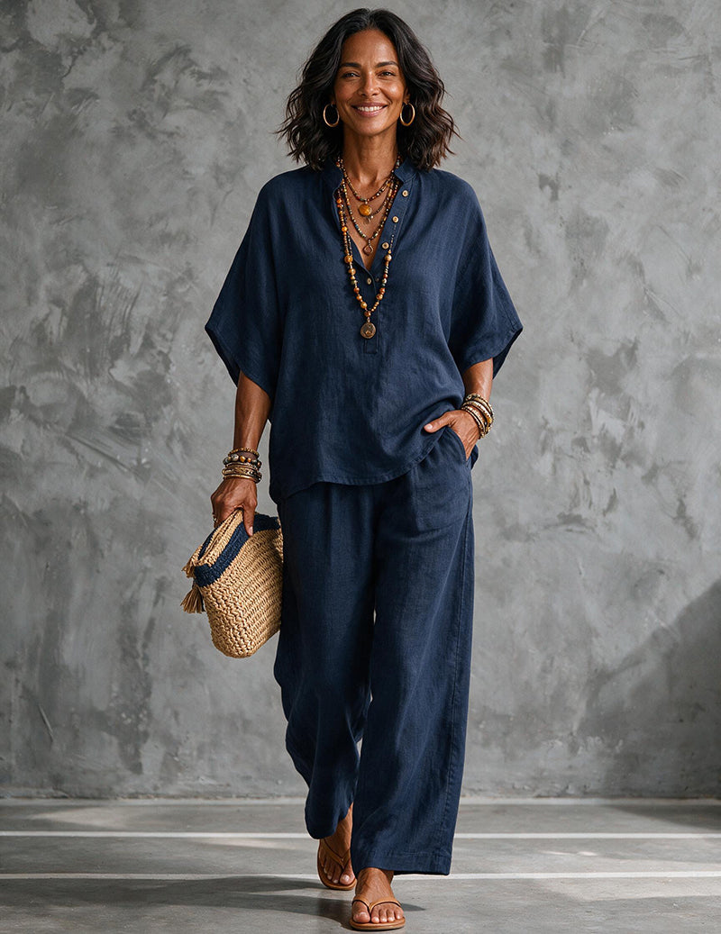 Linen Set Women 2 Piece – Batwing Top & Wide Leg Pants