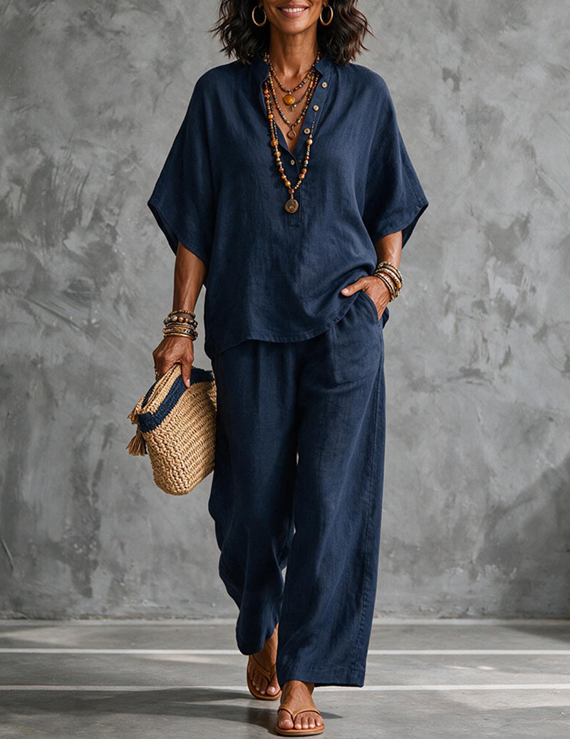 Linen Set Women 2 Piece – Batwing Top & Wide Leg Pants