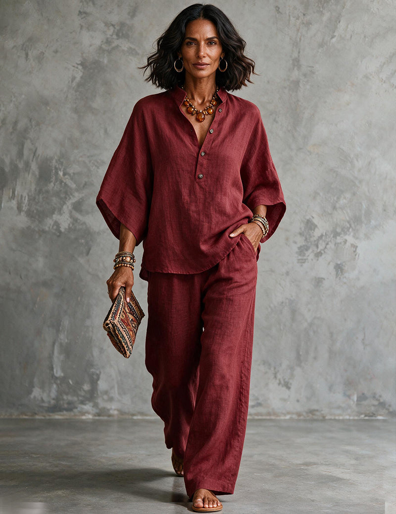 Linen Set Women 2 Piece – Batwing Top & Wide Leg Pants