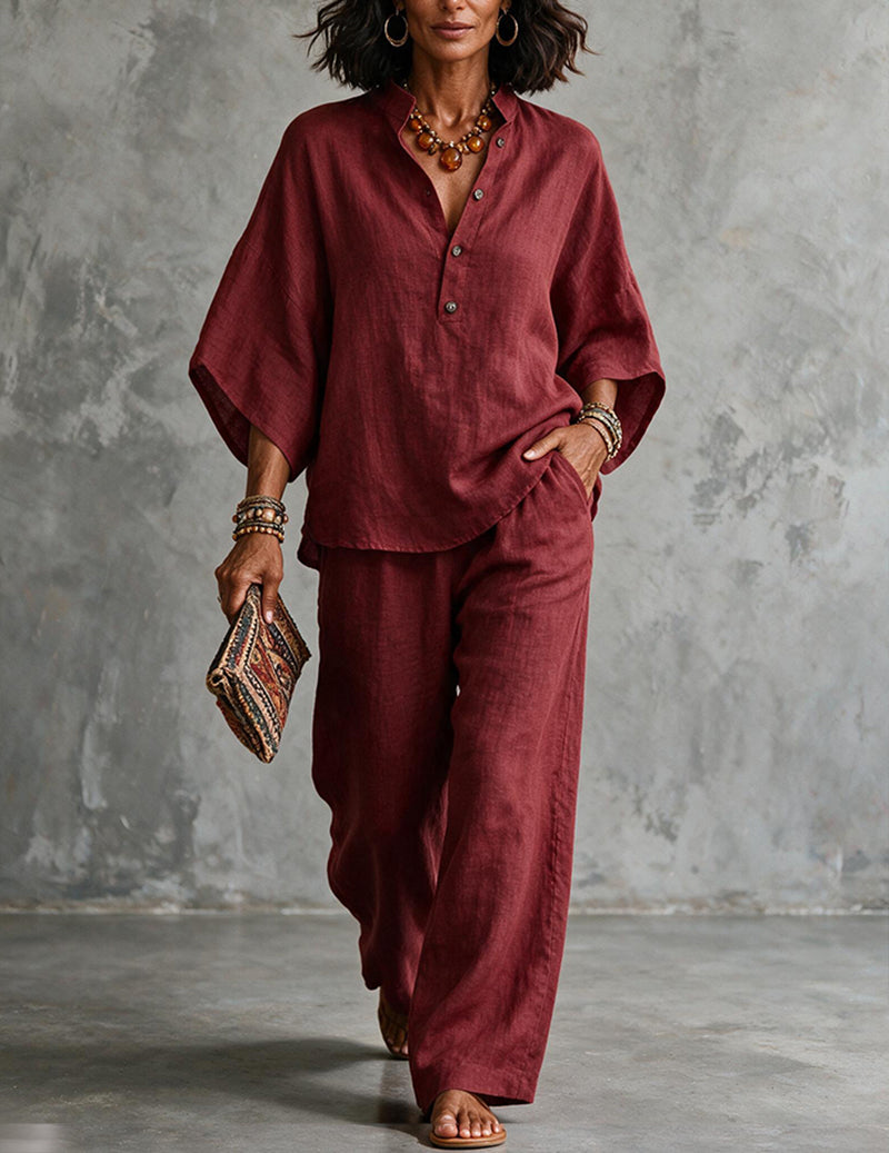 Linen Set Women 2 Piece – Batwing Top & Wide Leg Pants