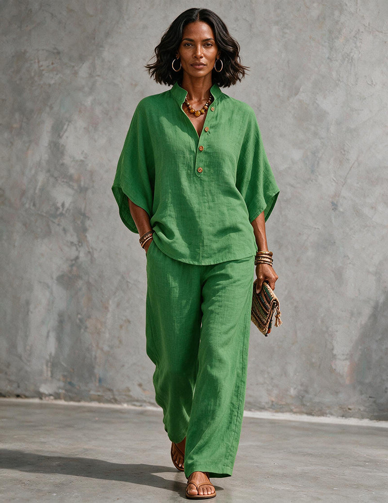 Linen Set Women 2 Piece – Batwing Top & Wide Leg Pants