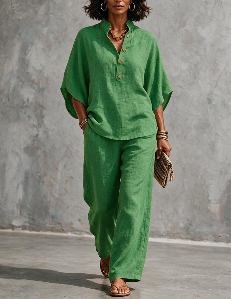 Linen Set Women 2 Piece – Batwing Top & Wide Leg Pants