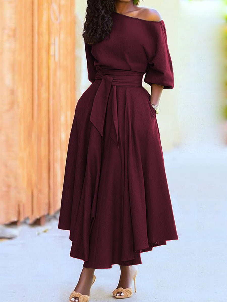 Off-Shoulder Maxikjole Dame – Bindebånd i Taljen