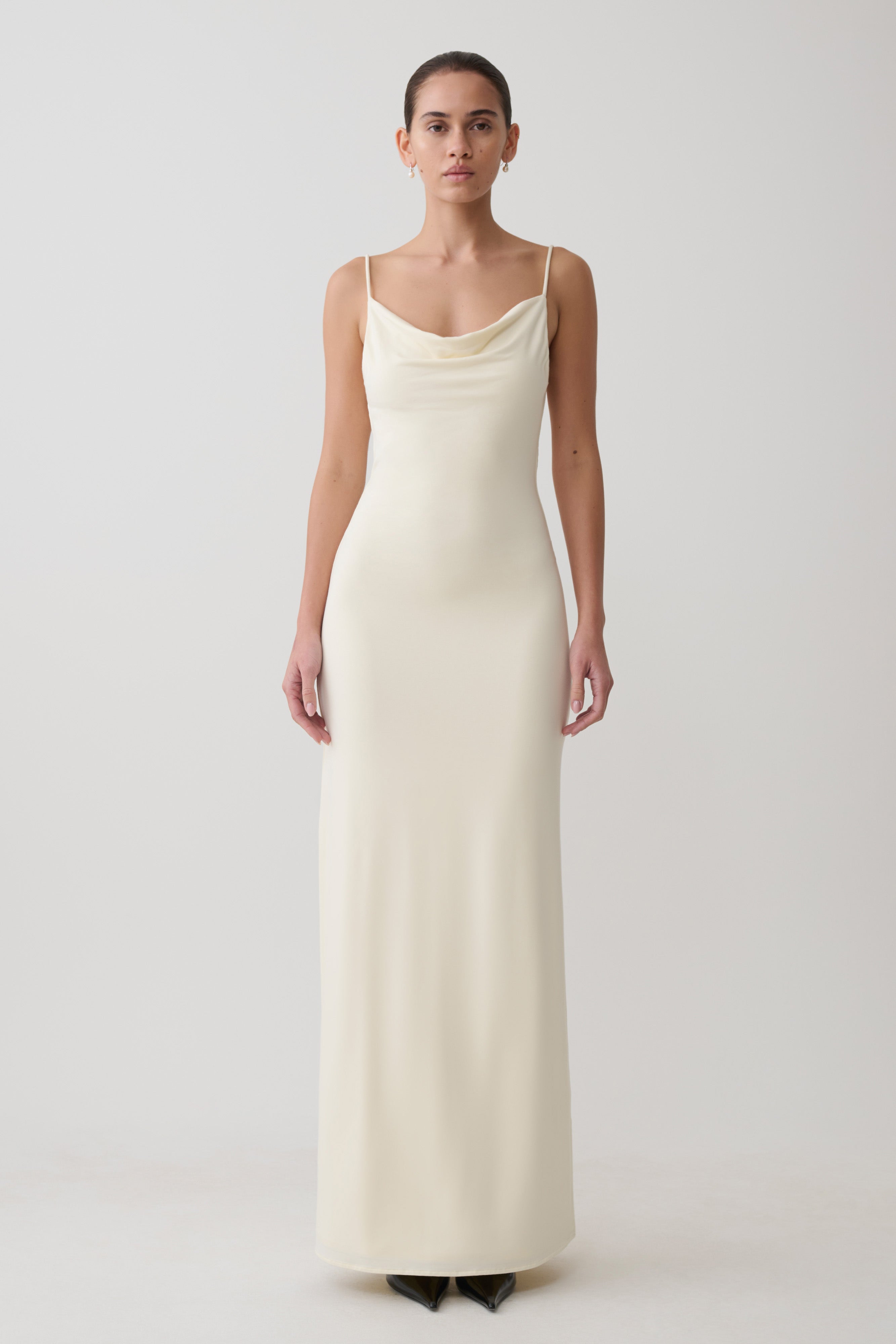 Women's Satin Slip Maxi Dress – Cowl Neck Bias Cut, Cream