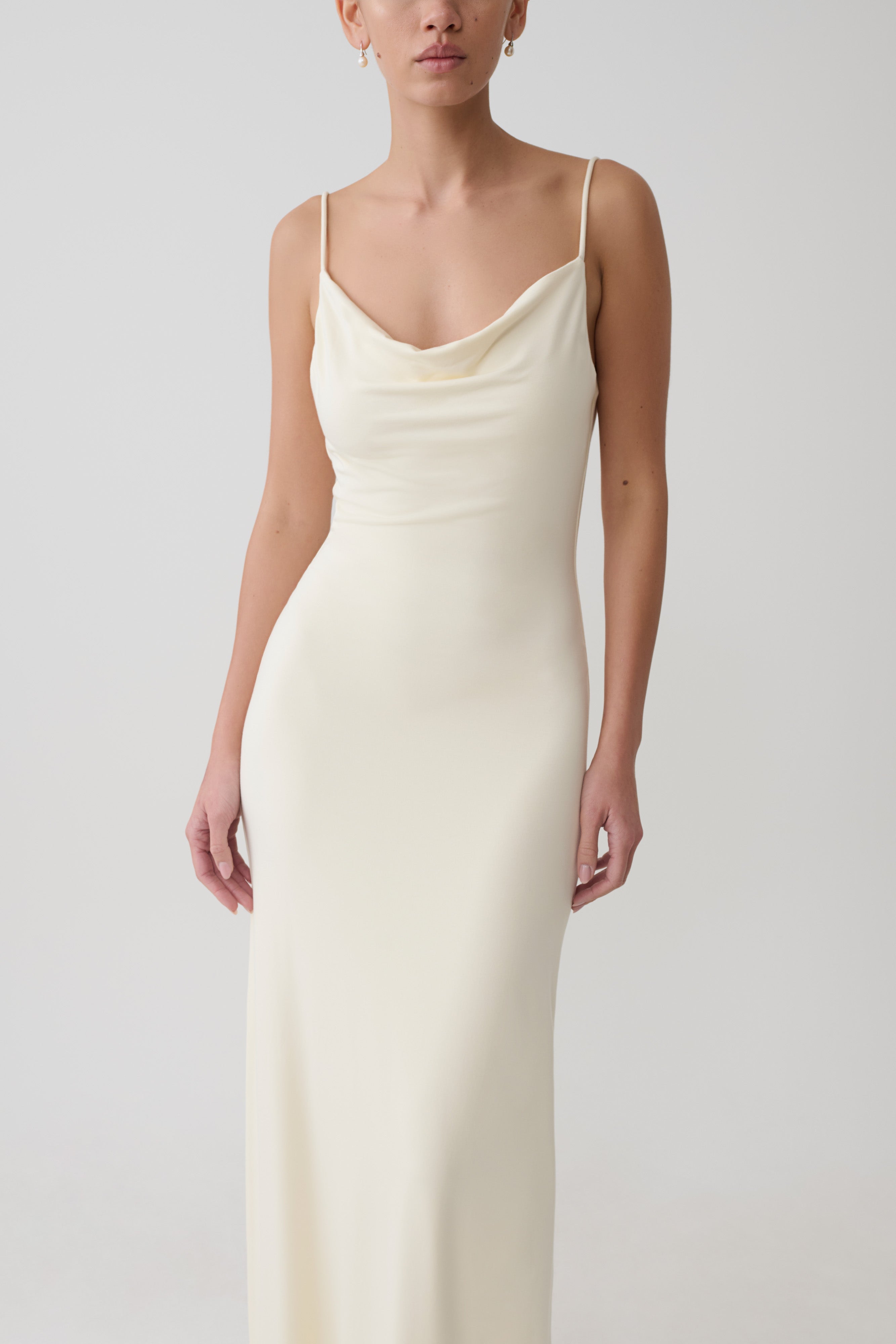 Women's Satin Slip Maxi Dress – Cowl Neck Bias Cut, Cream