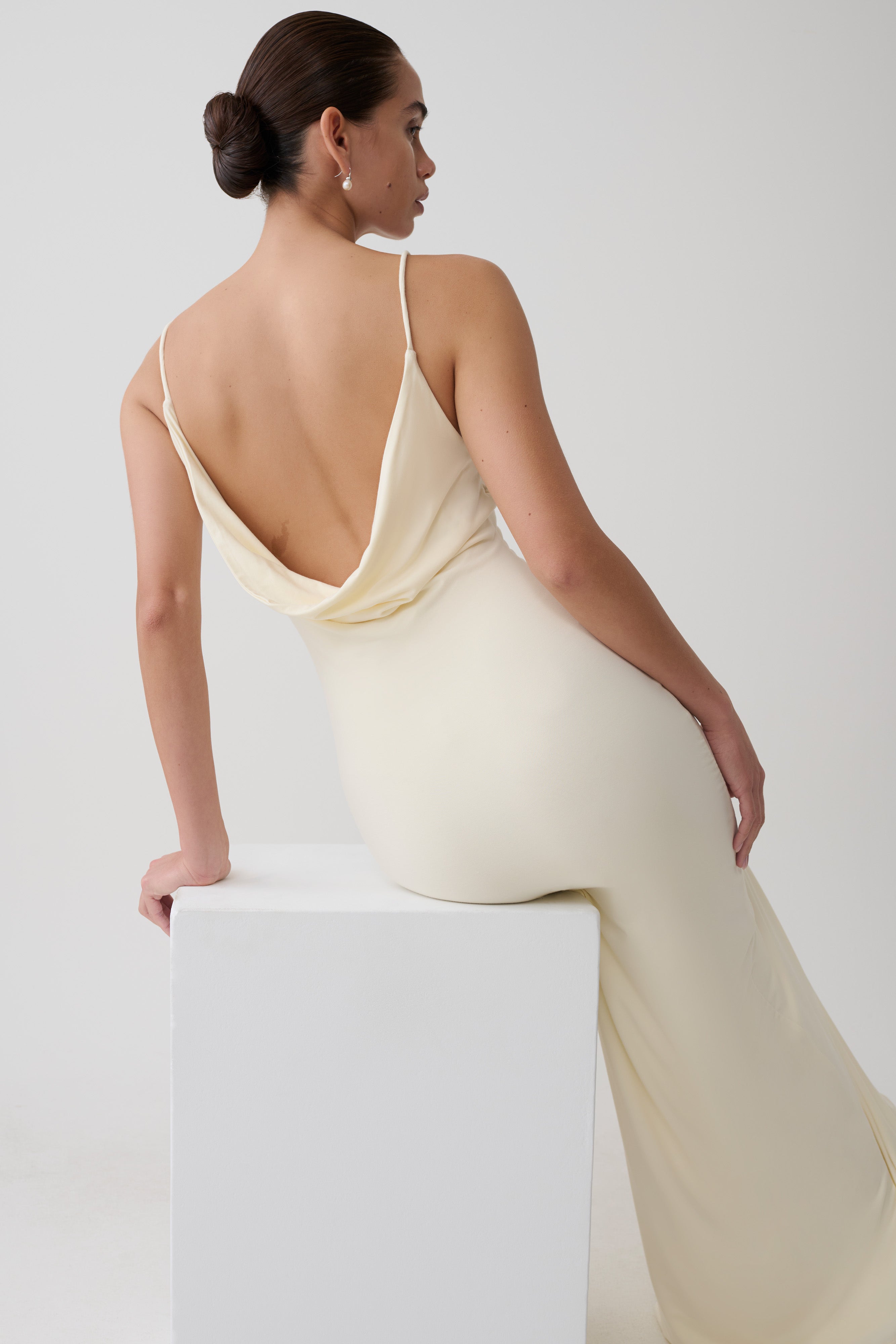 Women's Satin Slip Maxi Dress – Cowl Neck Bias Cut, Cream
