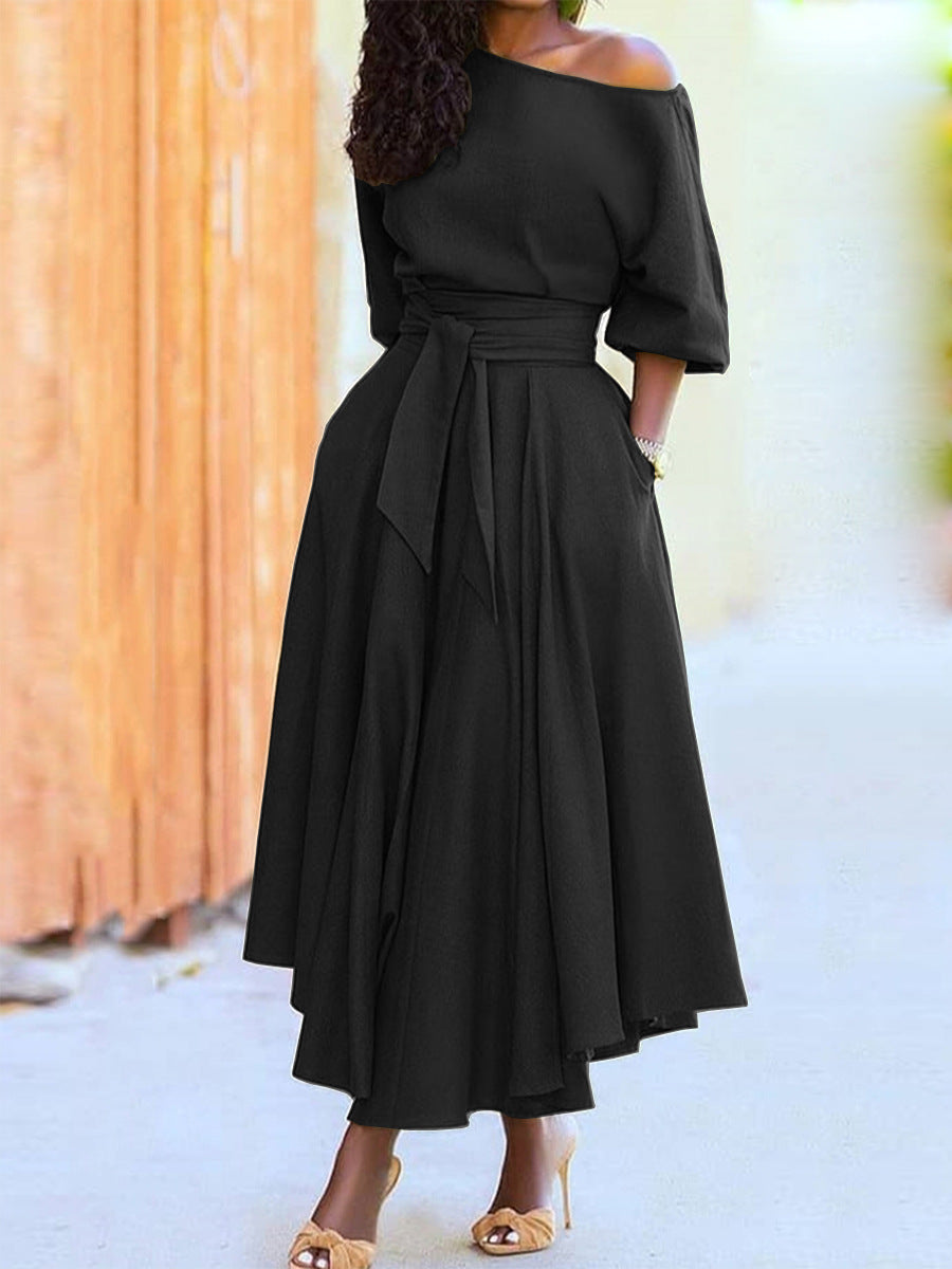Off-Shoulder Maxikjole Dame – Bindebånd i Taljen
