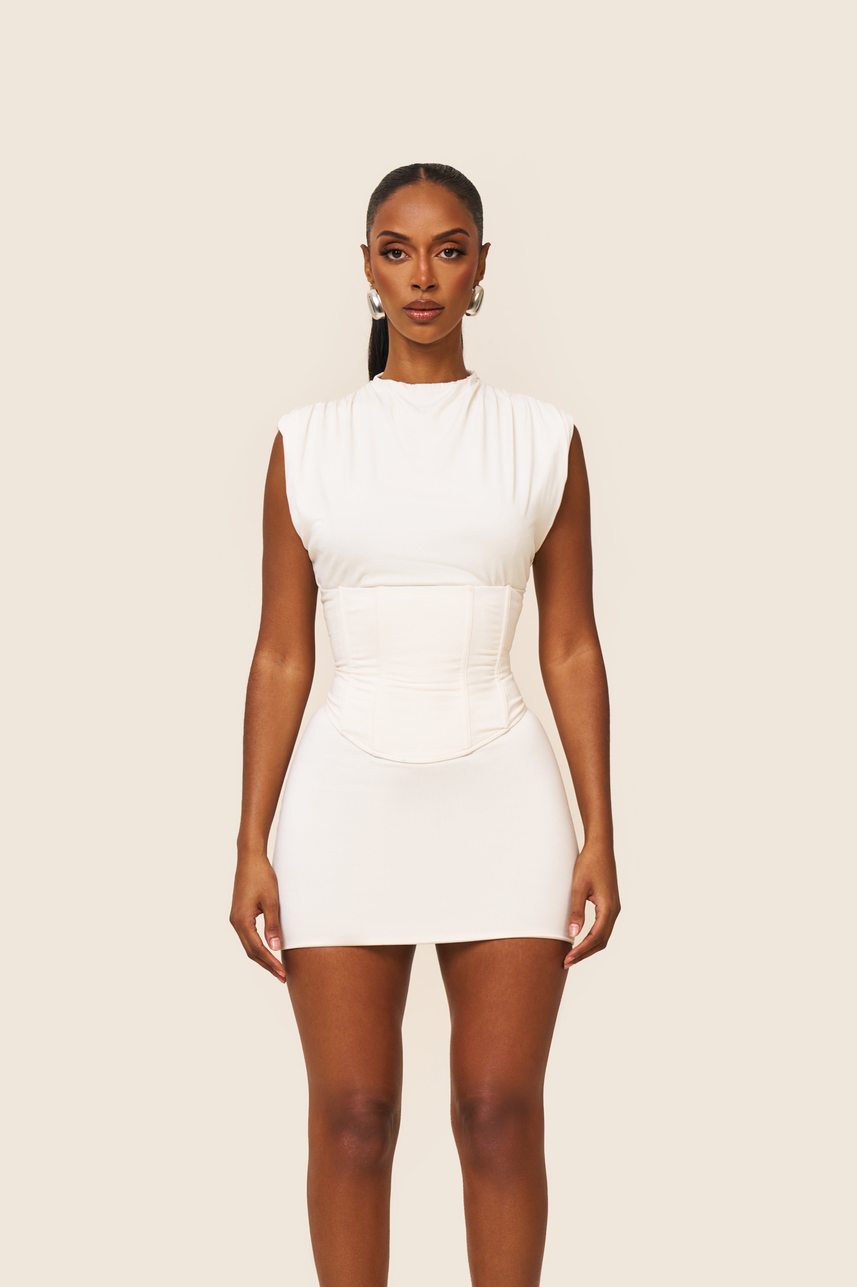 Women's Cream Mini Dress – High Neck Corset, Lace Back