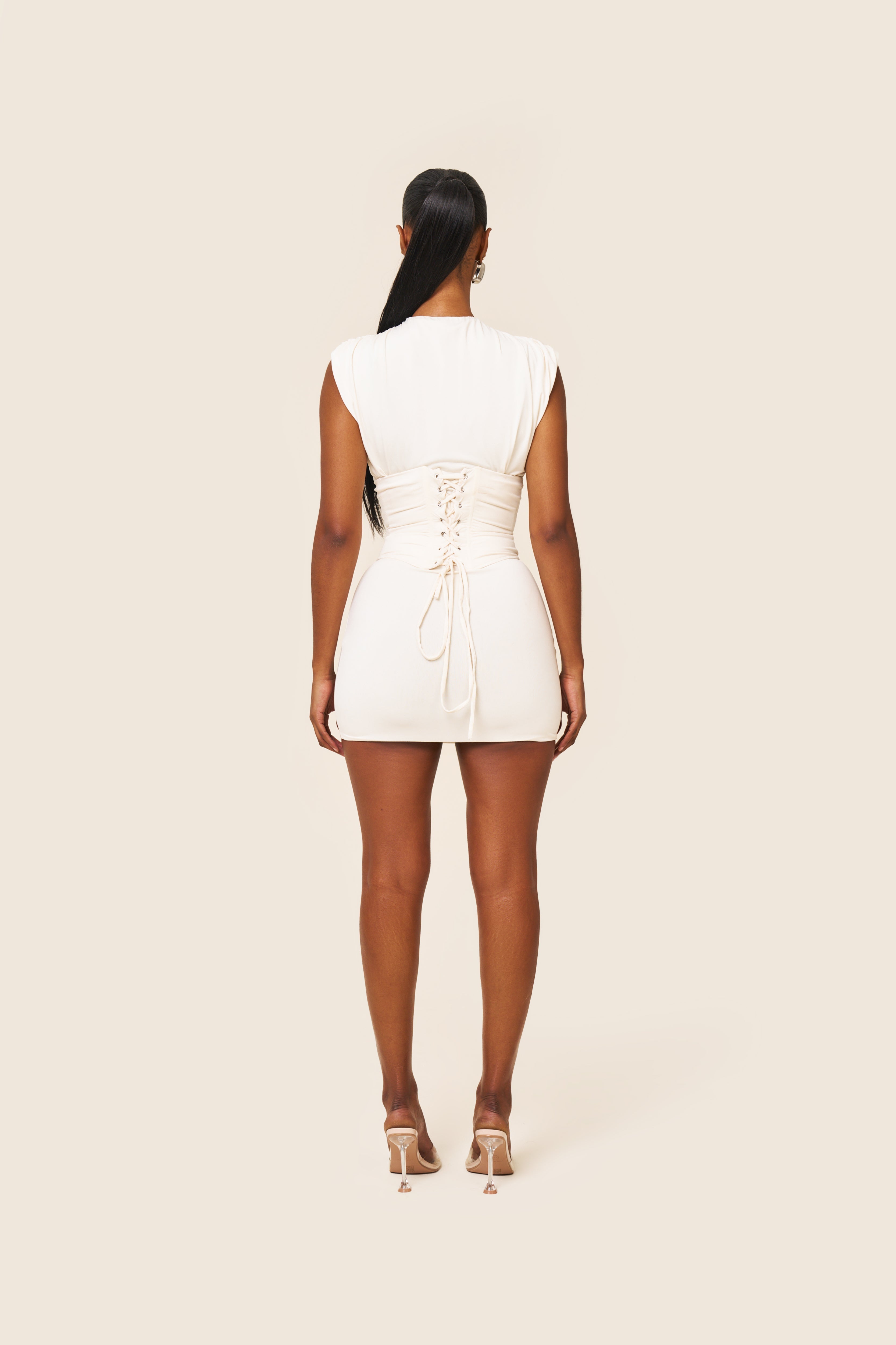 Women's Cream Mini Dress – High Neck Corset, Lace Back