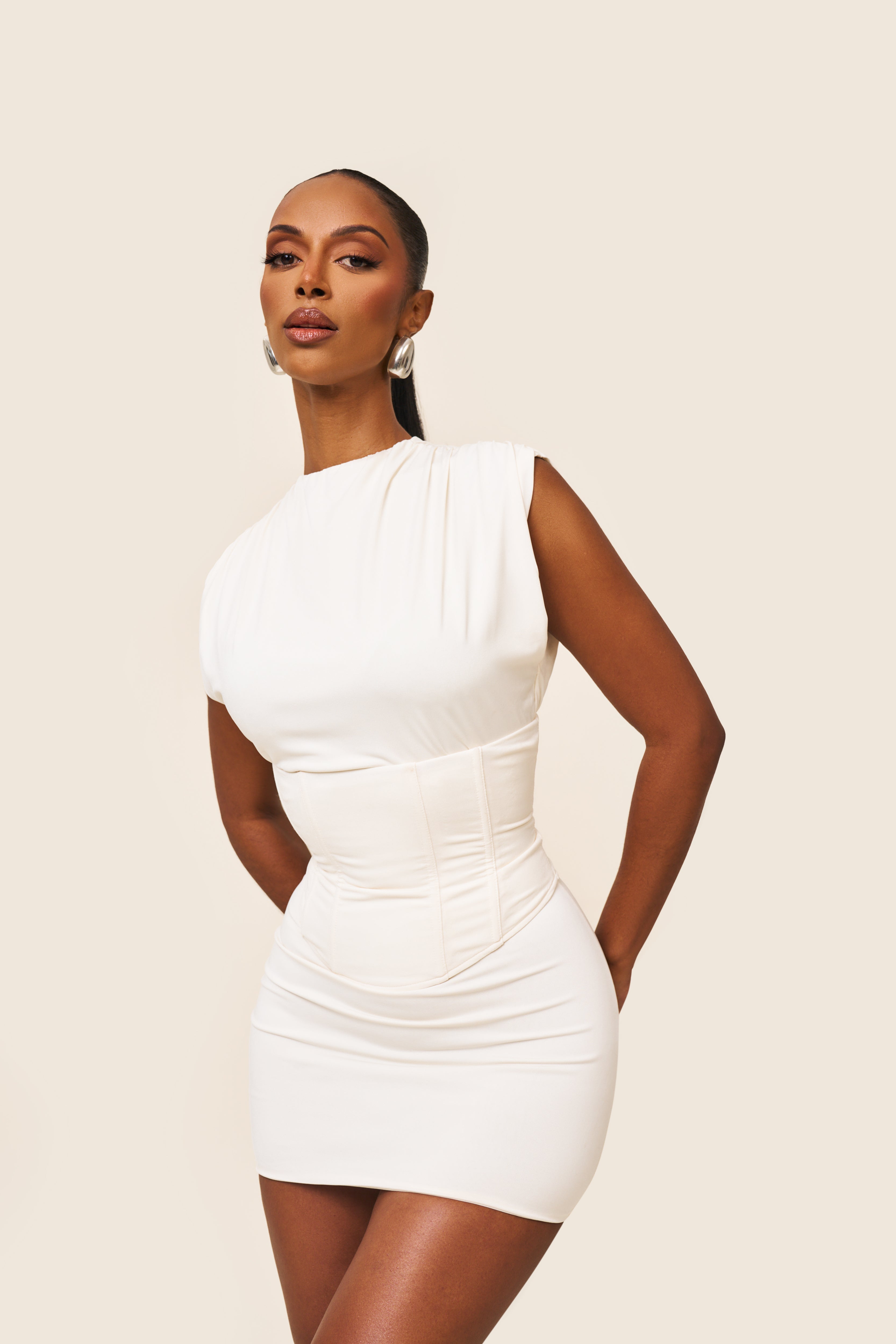 Women's Cream Mini Dress – High Neck Corset, Lace Back