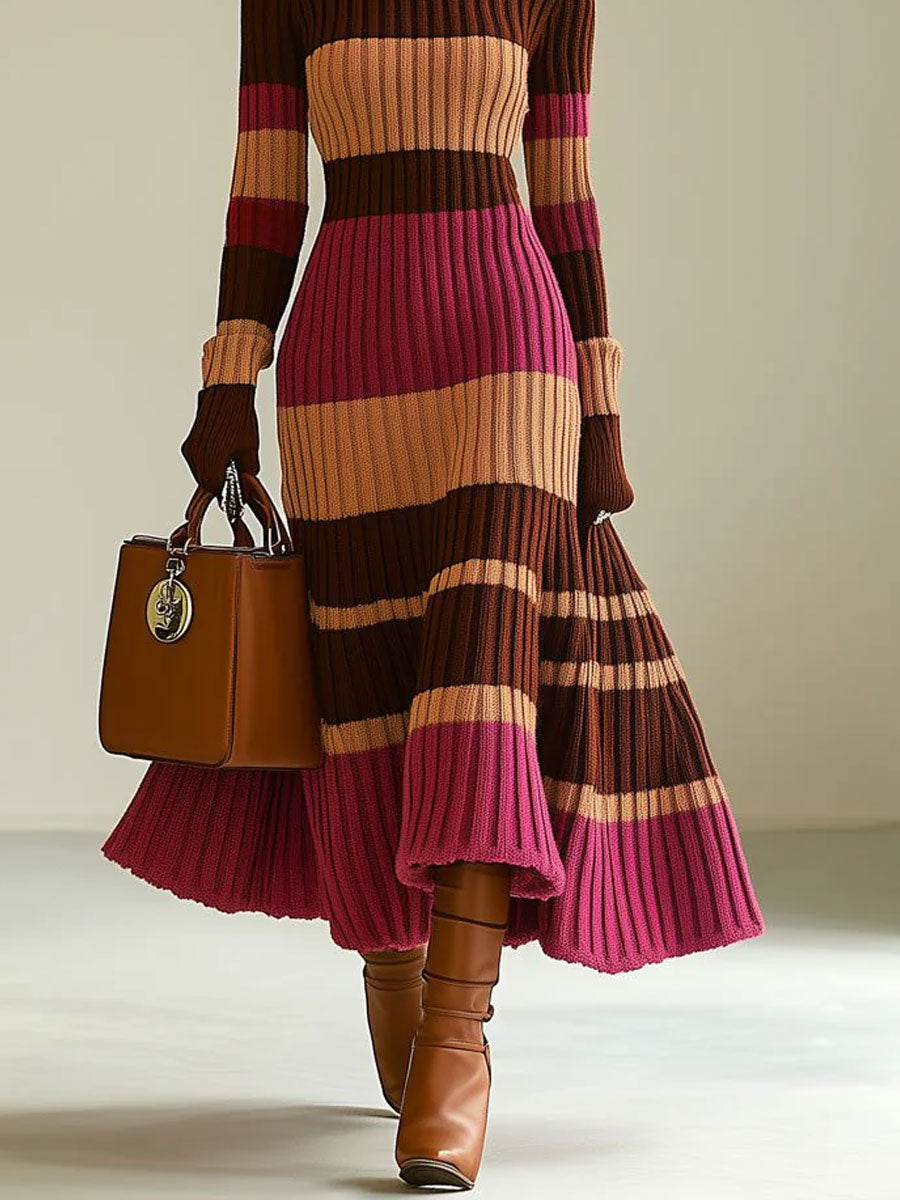 Margaux Stribet Strikkjole Dame – Rullekrave, Figursyet Midi