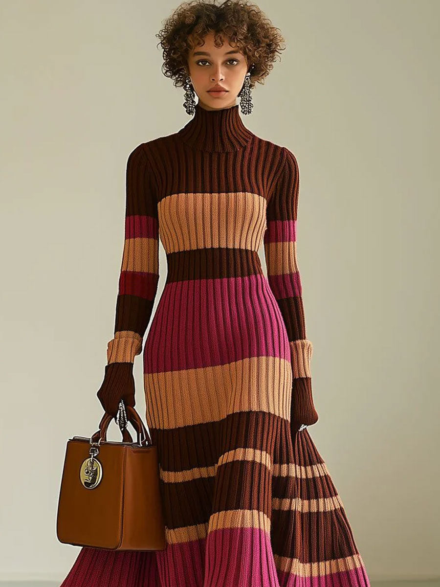 Margaux Stribet Strikkjole Dame – Rullekrave, Figursyet Midi