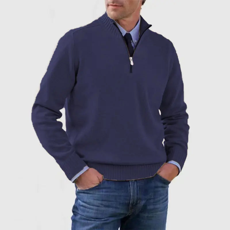 Sweater Herre – Half-Zip Strik med Struktureret Pasform – Varm Komfort Til Daglig Brug - Marineblå / 4XL