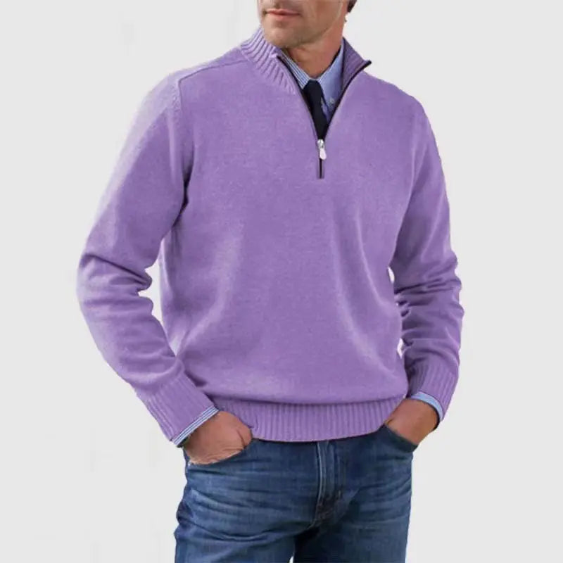 Sweater Herre – Half-Zip Strik med Struktureret Pasform – Varm Komfort Til Daglig Brug - Lilla / 4XL