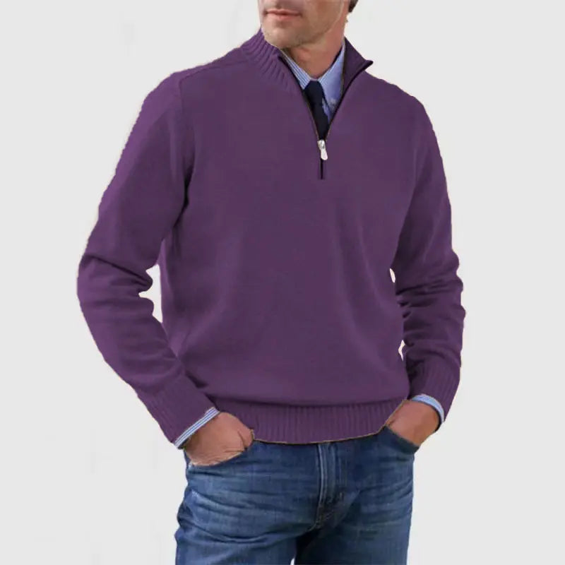 Sweater Herre – Half-Zip Strik med Struktureret Pasform – Varm Komfort Til Daglig Brug - Mørk Lilla / 4XL