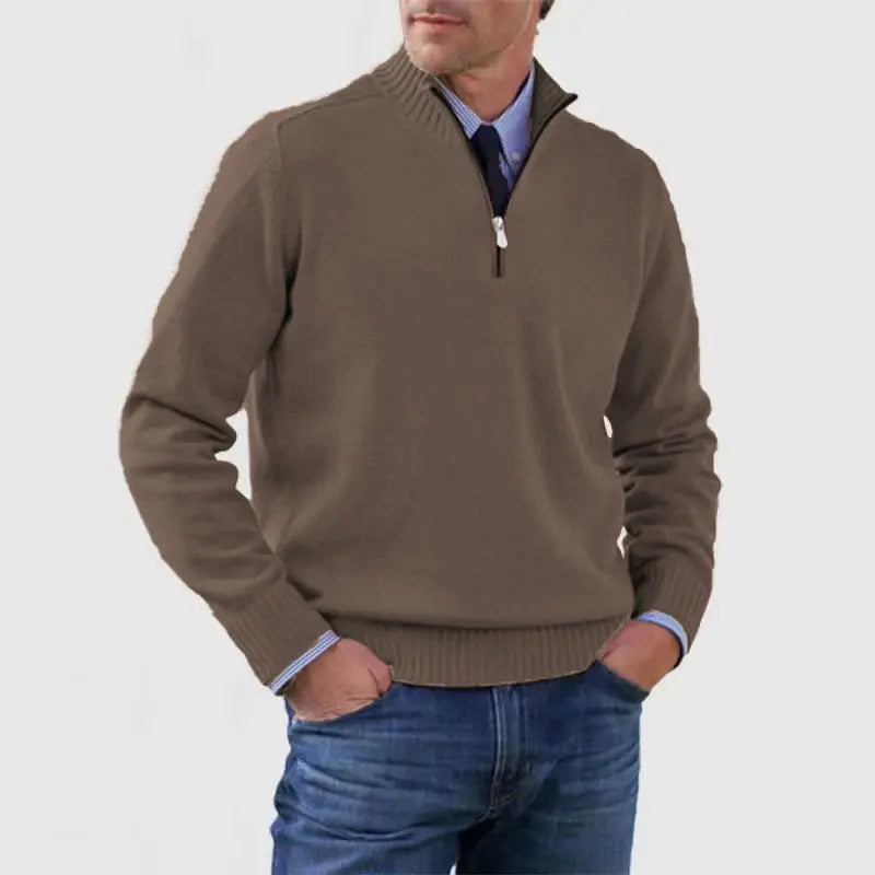 Sweater Herre – Half-Zip Strik med Struktureret Pasform – Varm Komfort Til Daglig Brug - Brun / 4XL