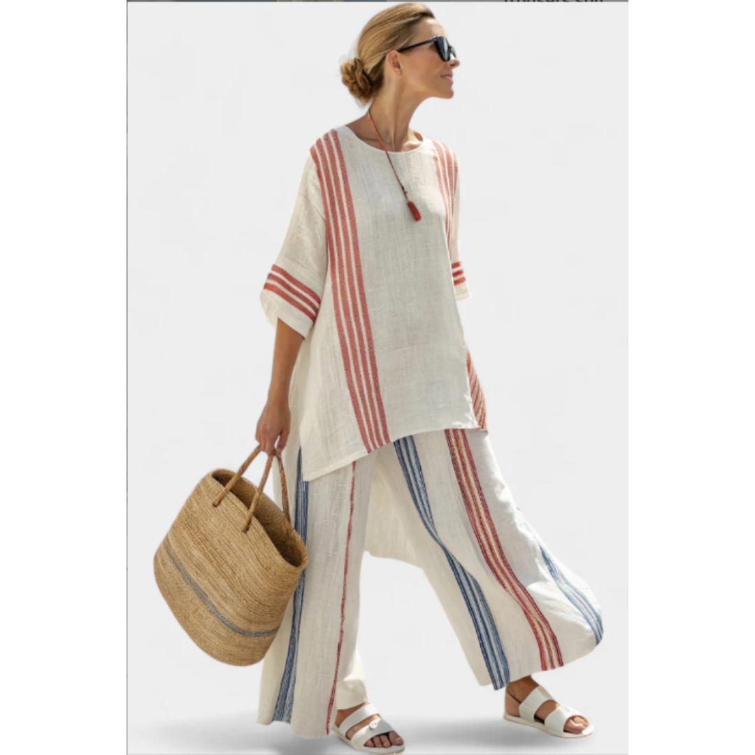 Striped Linen Two Piece Set Women – Asymmetric Top & Palazzo Pants, White