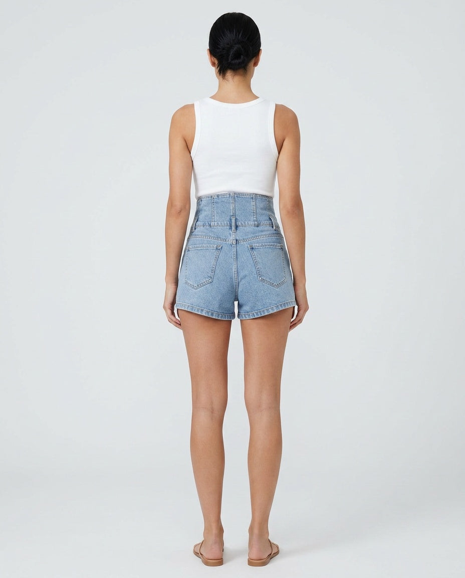 Denimshorts Dame Ekstra Højtaljede – V-Talje med Knap