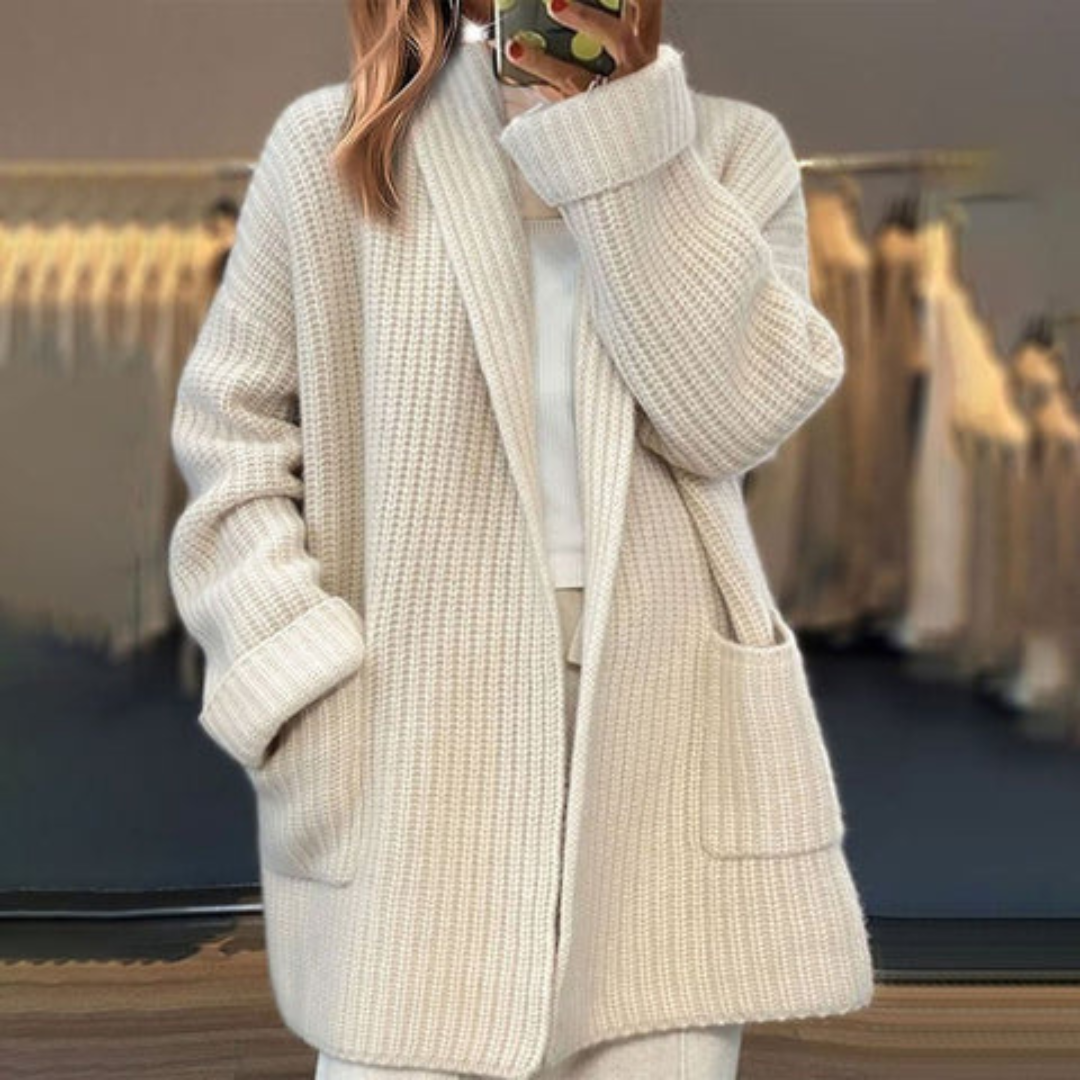 Women's Oversized Wool Cardigan – Ribbed, Pockets
