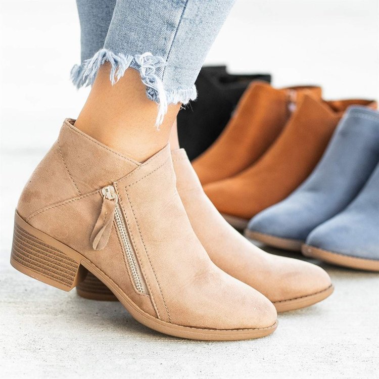 Elva Women's Suede Ankle Boots – Block Heel, Side Zip