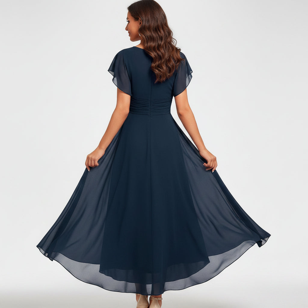 Midikjole Dame med Flagreærmer – V-hals A-line Kjole Navy