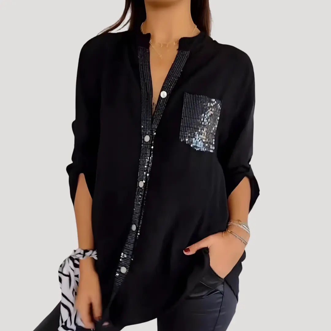 Elegant Paillettebluse | Casual Langline Bluse med Knaplukning & Standkrave | Stilfuld Hverdag og Aften Look 1