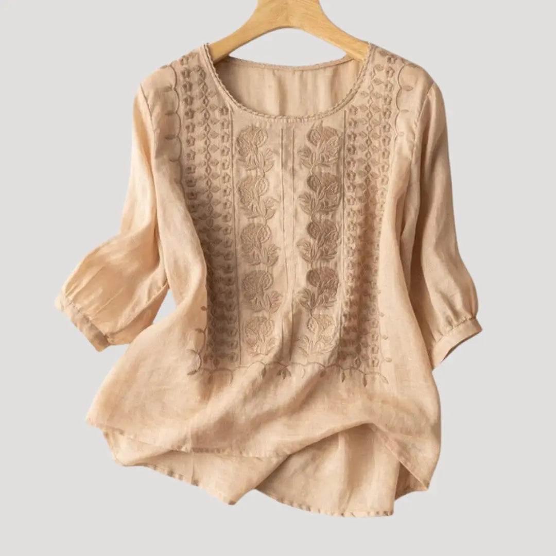 Blomsterbroderet Bluse i Bomulds- og Linnedmix | Let og Åndbar til Hverdagsbrug 1