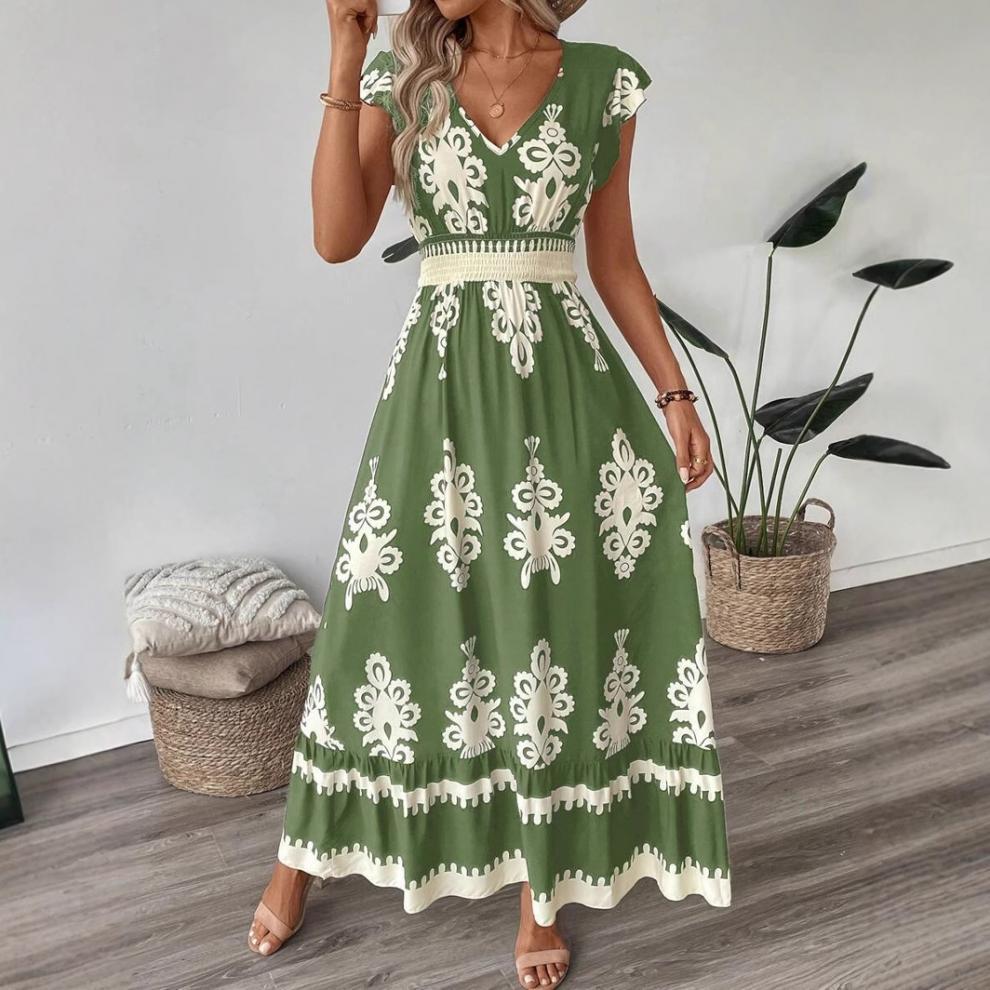 Blomstret Maxikjole Dame V-Hals – Lang Sommerkjole