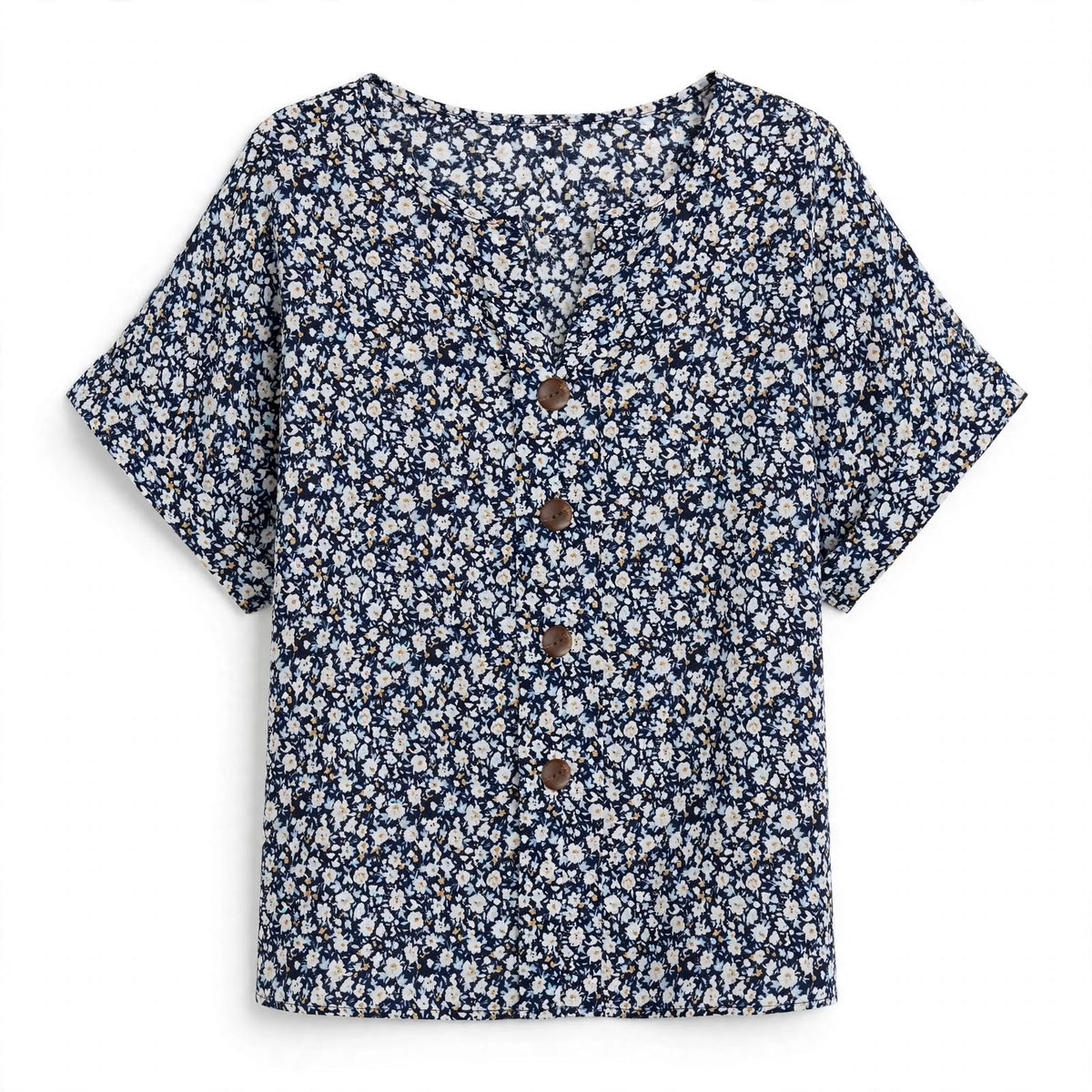 Blomstret Bluse Dame – Marineblå Kortærmet Sommerbluse