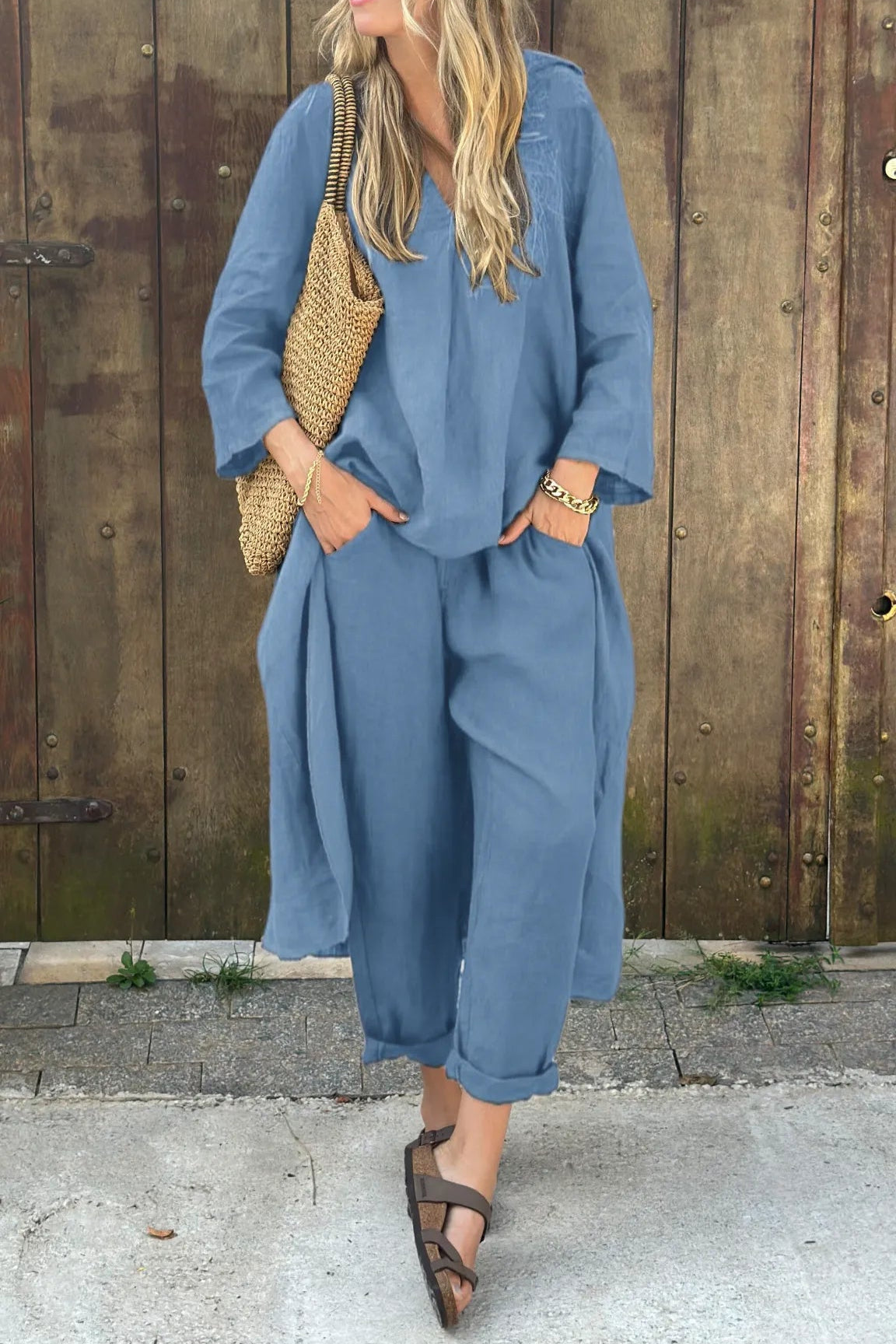 Hør Sæt Dame 2-Delt – Oversized V-Hals Top og Vidben Bukser