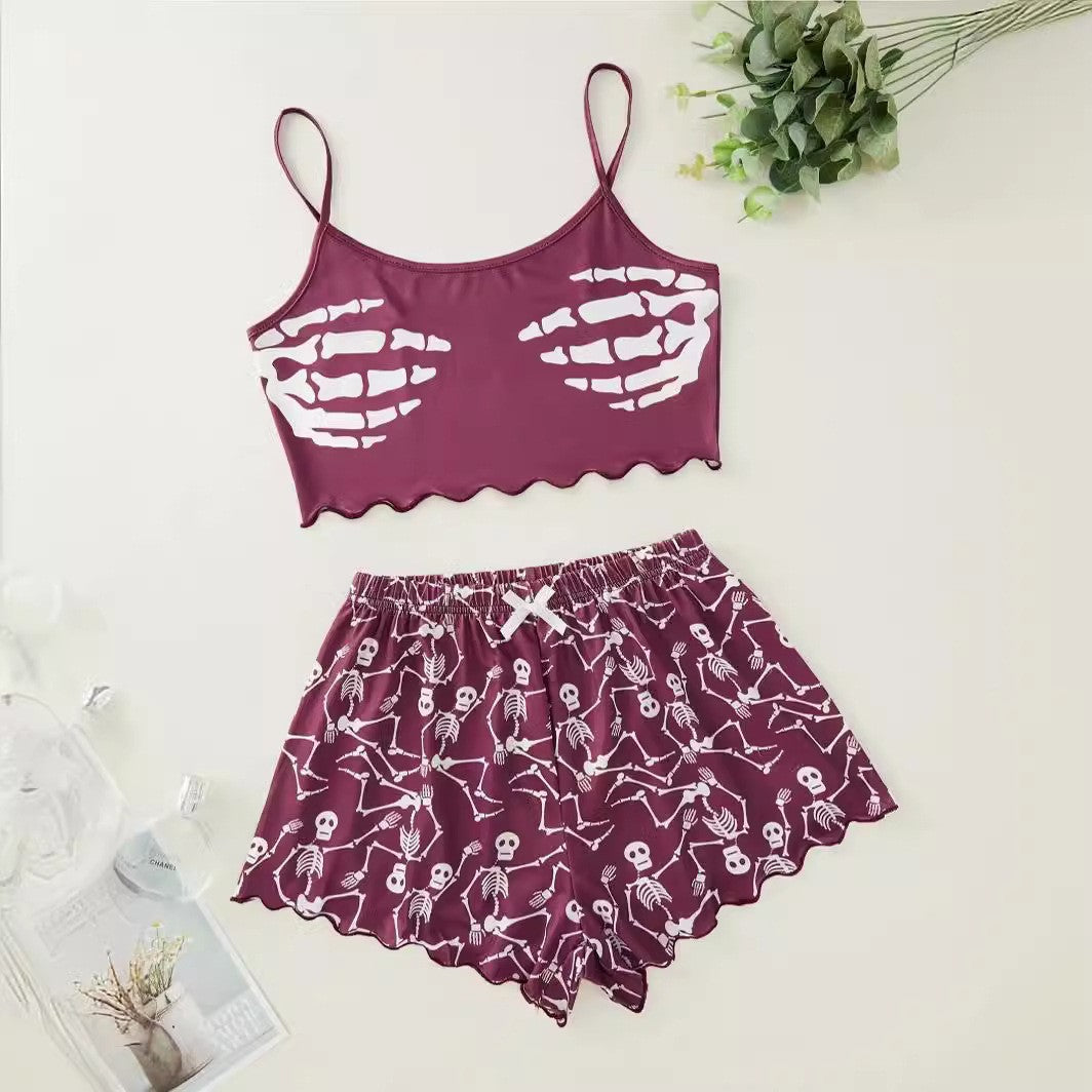 Halloween Pyjamas Dame Sæt – Græskar Print Nattøj med Cami og Shorts