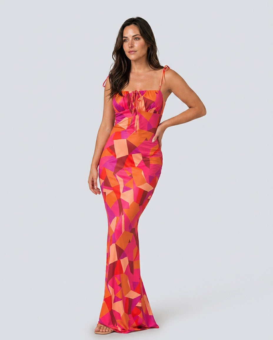 Floral Maxi Dress Women – Sweetheart Neckline Bow Detail