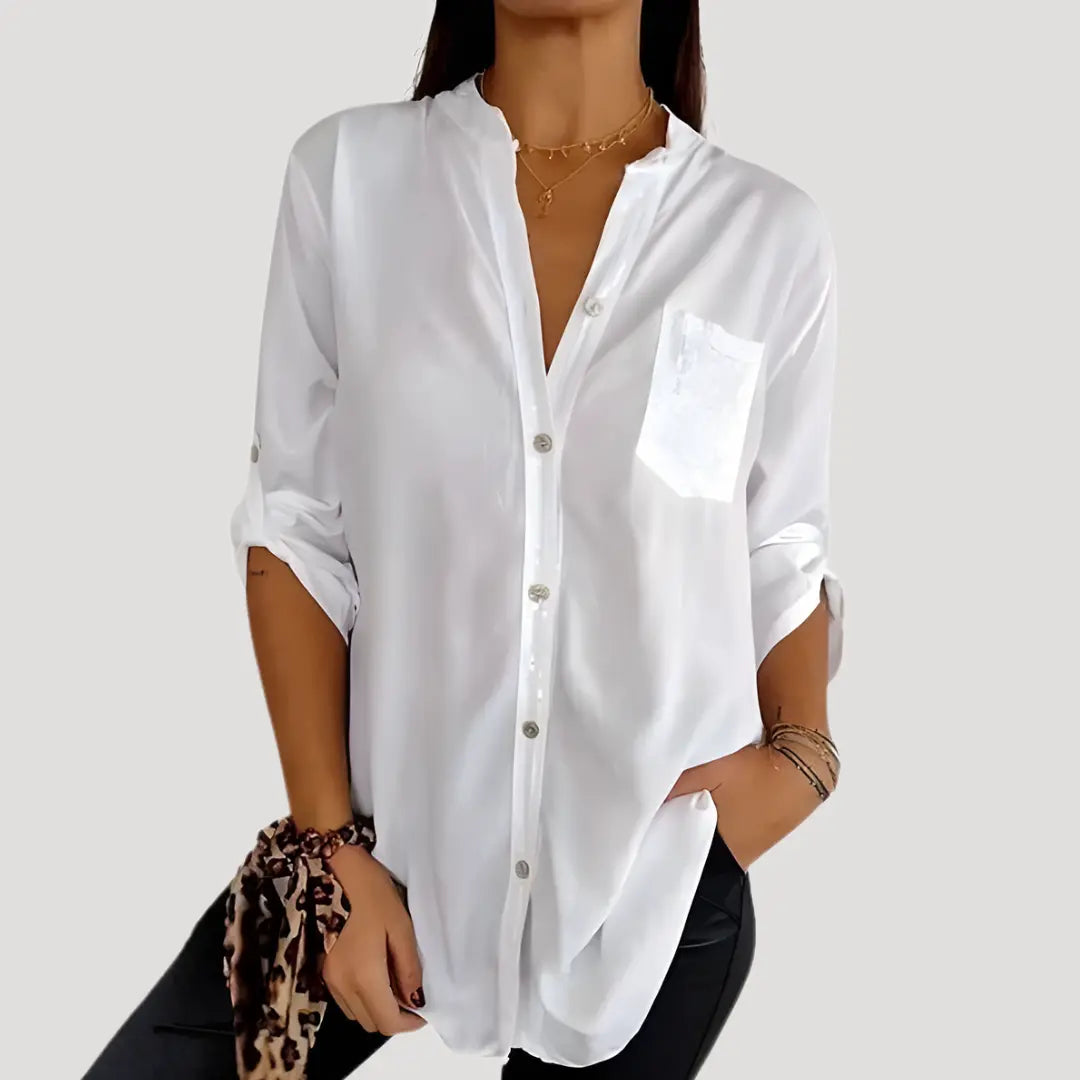 Elegant Paillettebluse | Casual Langline Bluse med Knaplukning & Standkrave | Stilfuld Hverdag og Aften Look 2