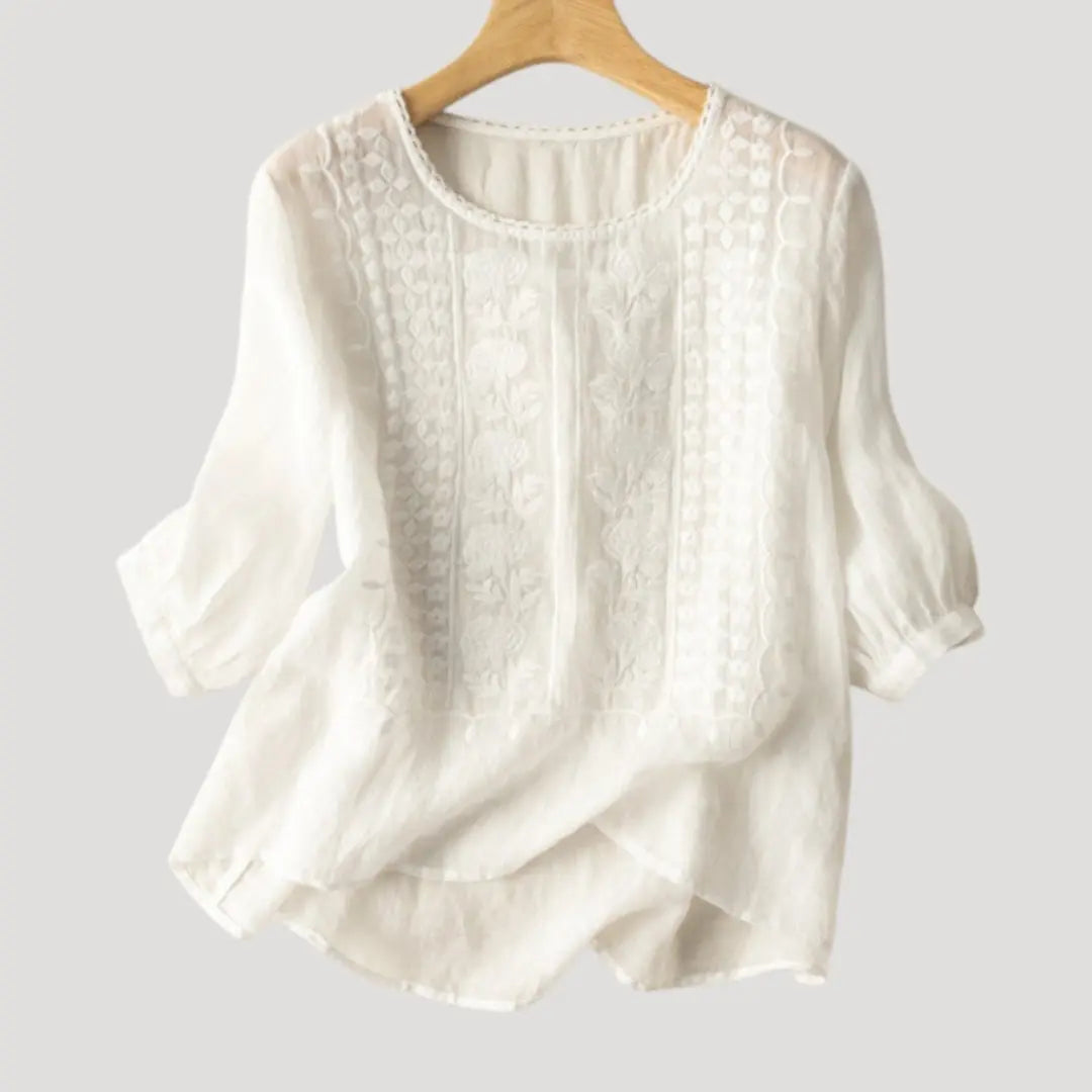 Blomsterbroderet Bluse i Bomulds- og Linnedmix | Let og Åndbar til Hverdagsbrug 2