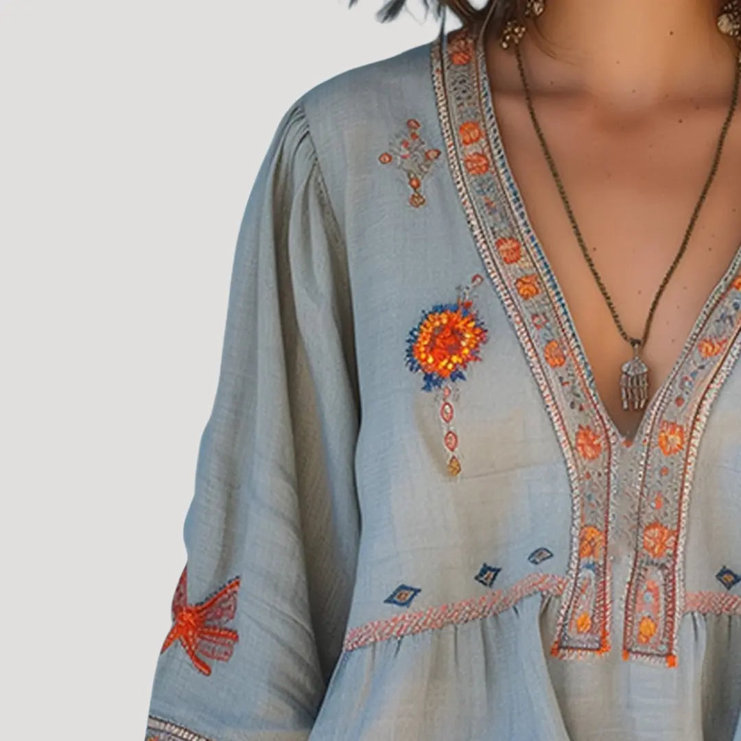 Ingrid Bluse Dame Boho Blomstret Broderi – V-udskæring til Sommer  Panorla