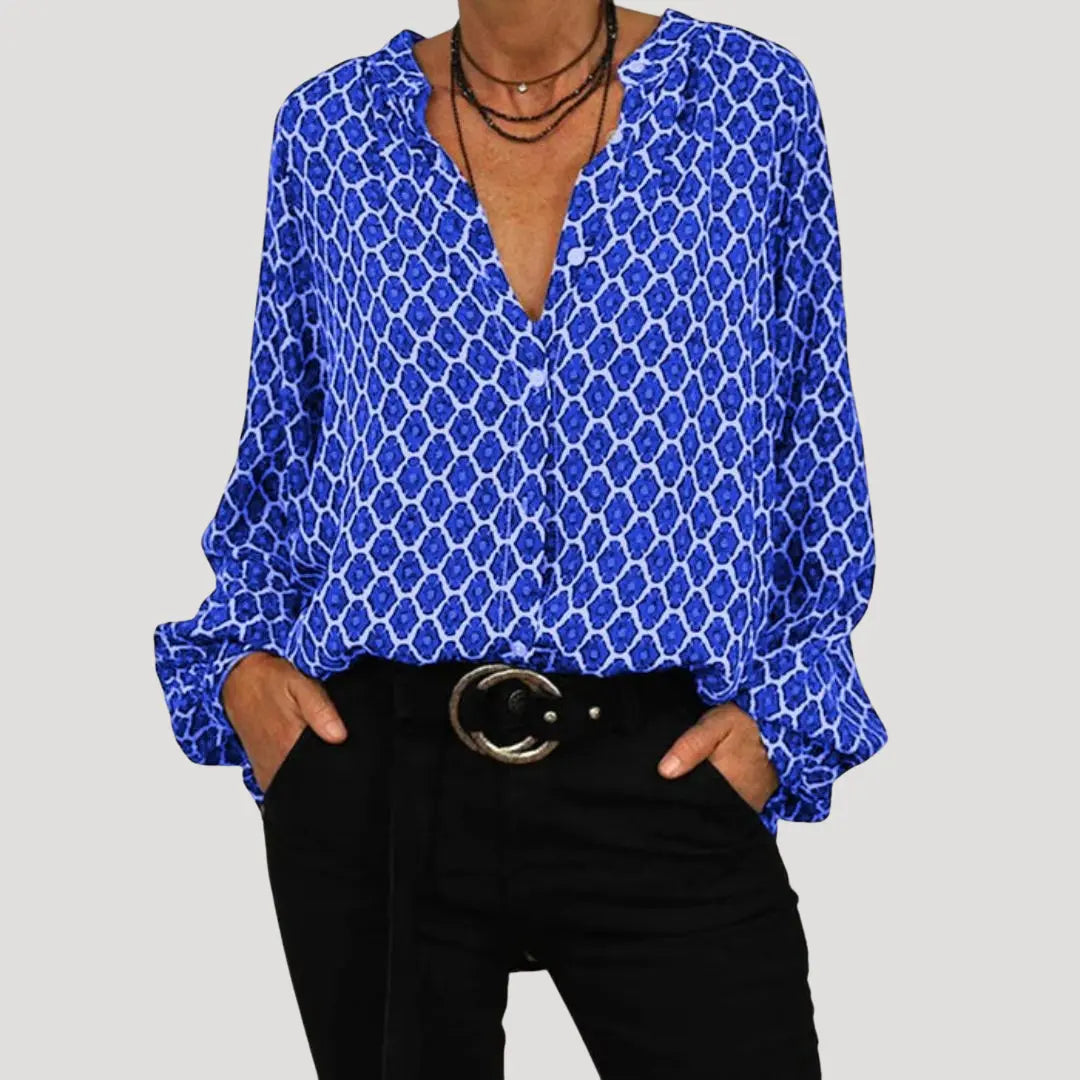 Mira Boho Bluse Dame Langærmet – Mønstret med Knapfront Foran  Panorla
