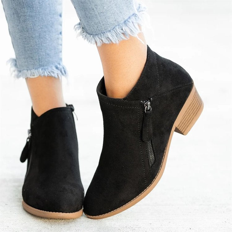 Elva Women's Suede Ankle Boots – Block Heel, Side Zip