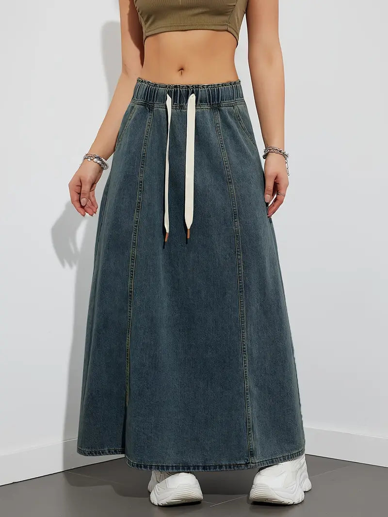 Stilfuld Denim Maxi Nederdel til Dame med Elastisk Talje | Komfortabel Hverdagslook 9