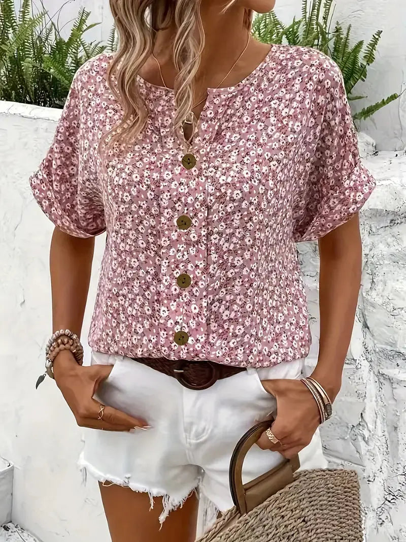 Toppe dame ditsy blomsterprint vintage knaplukning korte ærmer relaxed sommer  Panorla